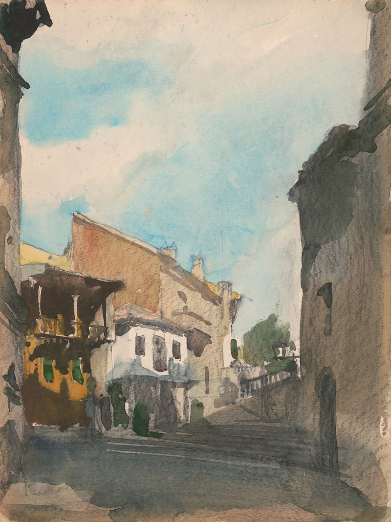 Street View de Victor Alfred Lundy, acuarela sobre papel que representa una avenida iluminada por el sol con edificios.