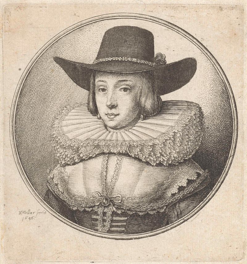 Retrato de una mujer con un collar plisado y un sombrero de ala ancha, grabado de Wenceslaus Hollar