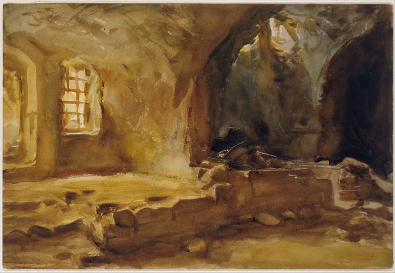 Ruined Cellar—Arras de John Singer Sargent, retratando um interior escuro com paredes de pedra em ruínas e luz suave.