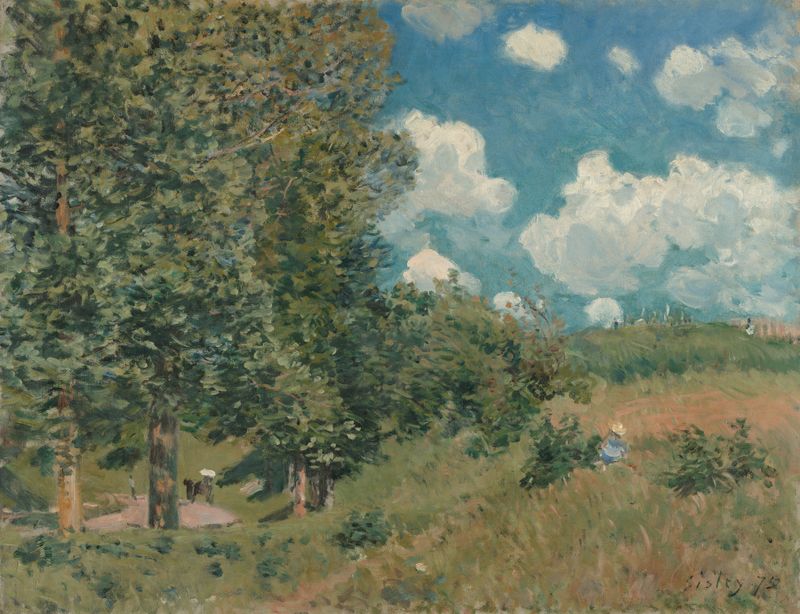 O Caminho de Versalhes a Saint-Germain de Alfred Sisley, óleo sobre tela, com um caminho sinuoso e árvores.