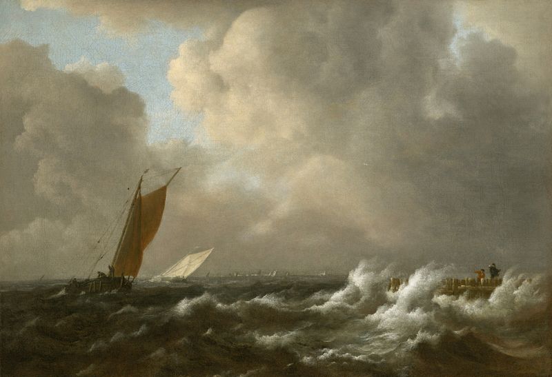 Veleiros em um mar tempestuoso de Jacob van Ruisdael, pintura a óleo