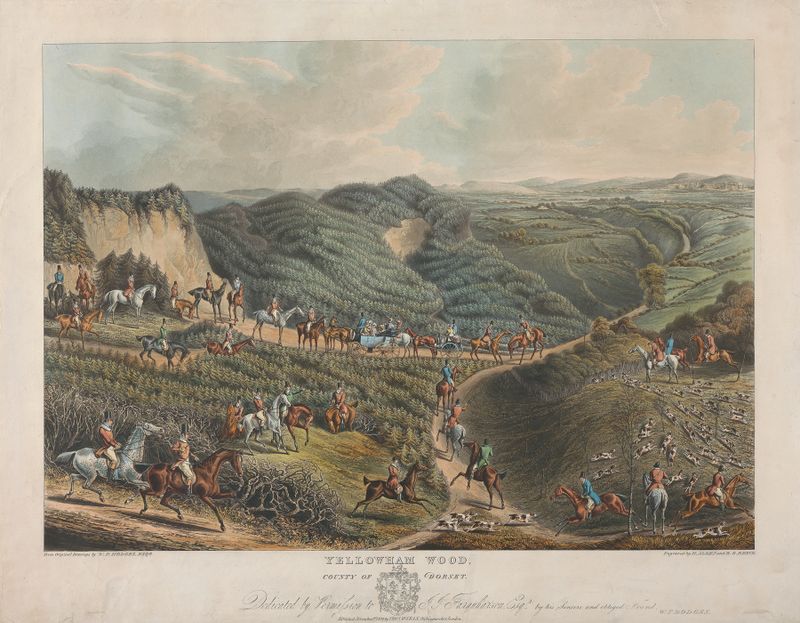 Yellowham Wood de Henry Thomas Alken, pintura a óleo que retrata um caminho florestal com luz filtrada e equitadores.