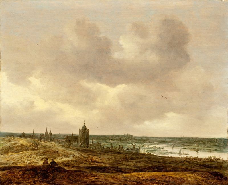 View of Arnhem de Jan van Goyen, representando un paisaje fluvial con olas, óleo