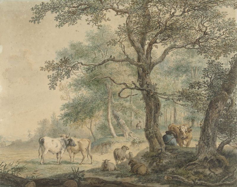Landschap met twee herders met vee by Pieter Gerardus van Os, oil painting depicting herders and cattle in a landscape.