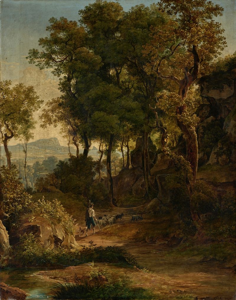 Shepherd with his flock on a wooded path, óleo de Friedrich Salathé