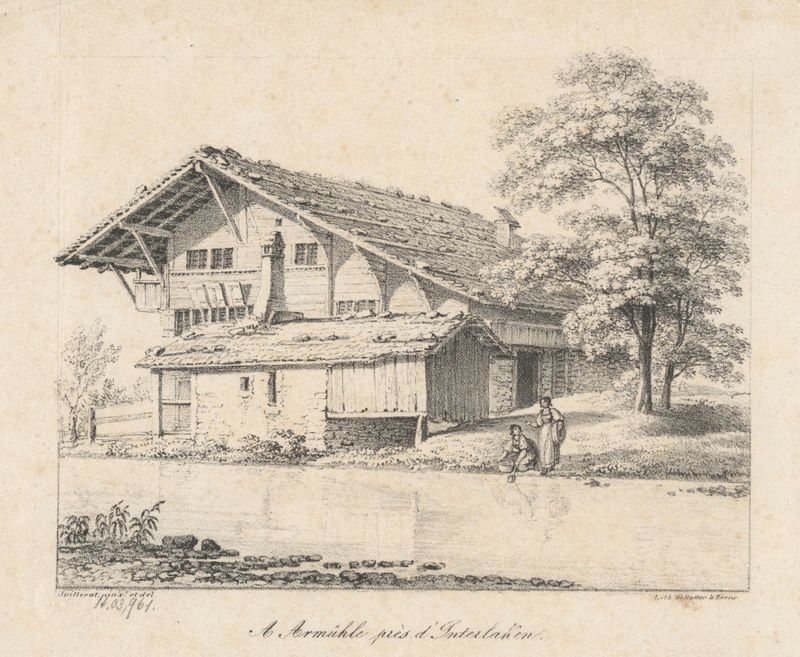 A Armühle près d’Interlaken by Jacques Henri Juillerat, Impressionism, depicting a river and a mill