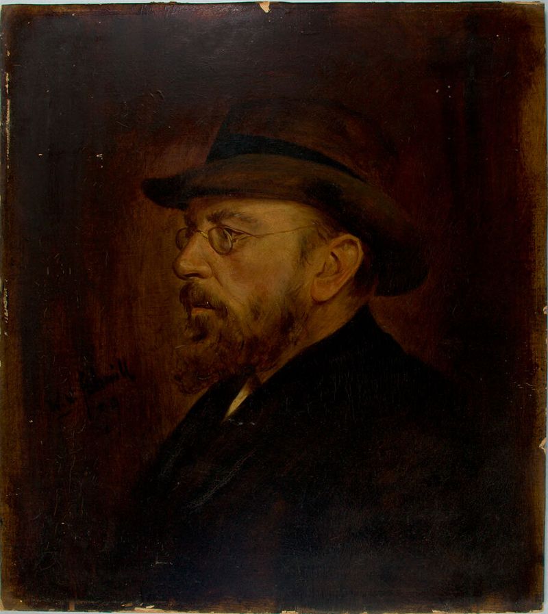 Retrato de William Valentine Schevill, 1899, pintura al óleo que muestra un sujeto con ojos anhelantes y suaves texturas.