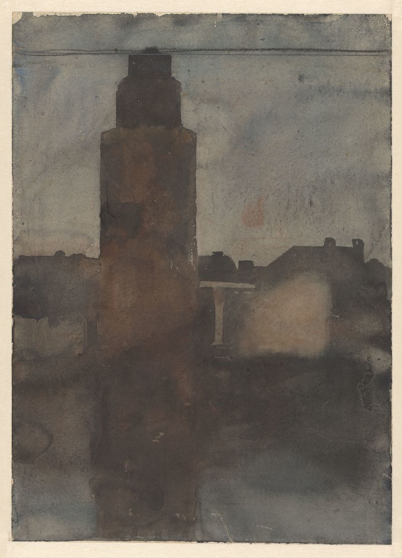 Impressionism landscape by Willem Witsen depicting Montelbaanstoren at twilight, with water reflections.