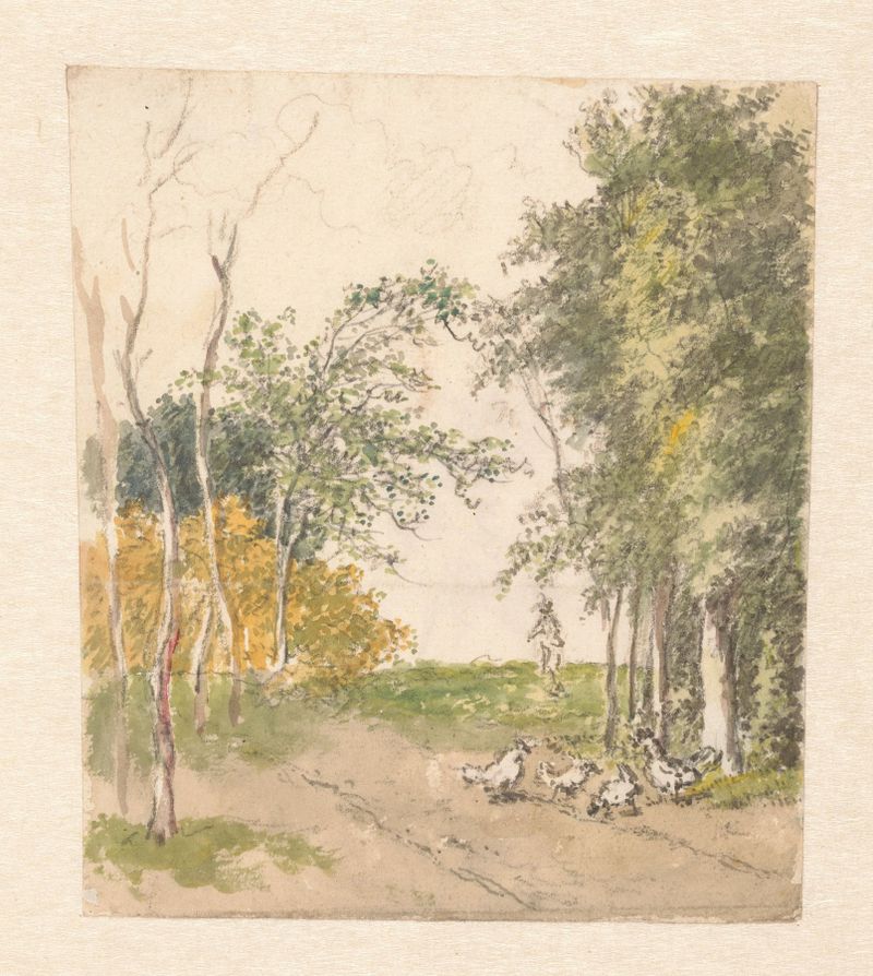 Landscape with chickens along a road, oil painting by Pieter Bartholomeusz. Barbiers