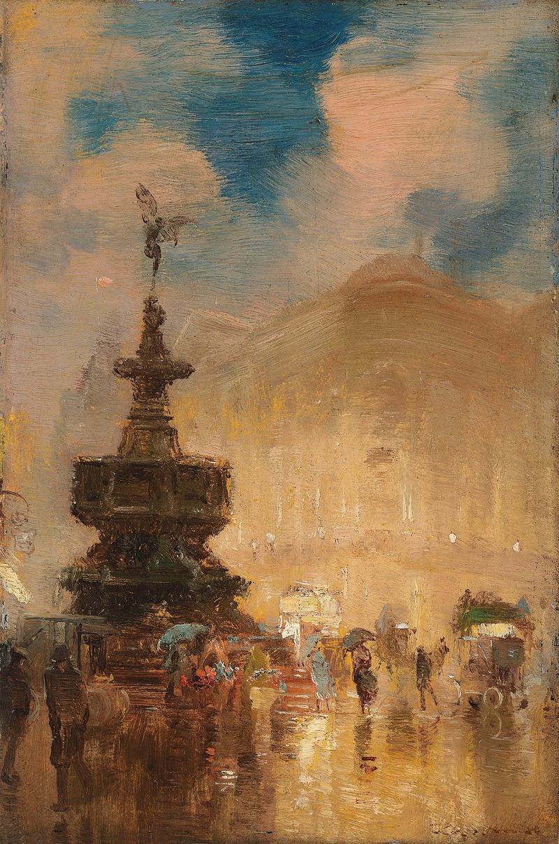 April Weather, Piccadilly Circus by George Hyde Pownall, oil on canvas depicting a lively urban scene