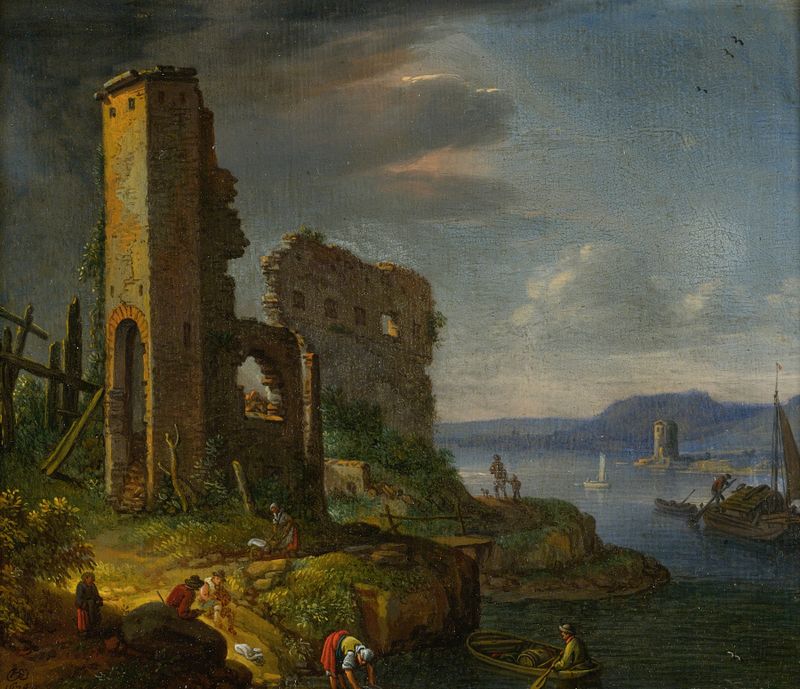 River landscape with ruins, boats, and figures by Herman Saftleven, oil painting