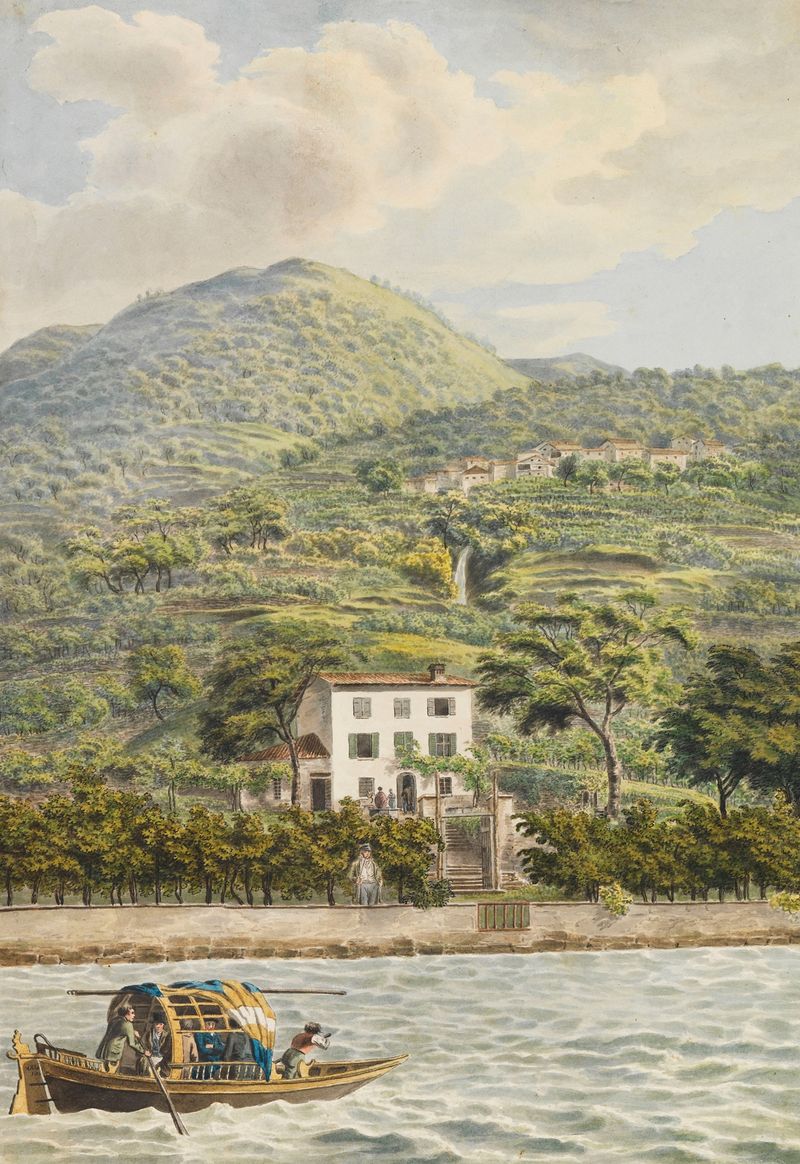 Die Villa Artaria am Comer See, oil on canvas by Heinrich Adam, depicting a villa by a tranquil lake.