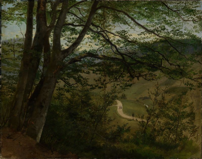 Paisagem com árvores e um vale, óleo sobre tela de Hans Thoma