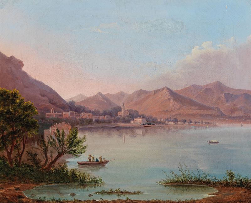 Paisagem do Lago de Como por Heinrich Jaeckel, pintura a óleo que mostra águas serenas e montanhas.