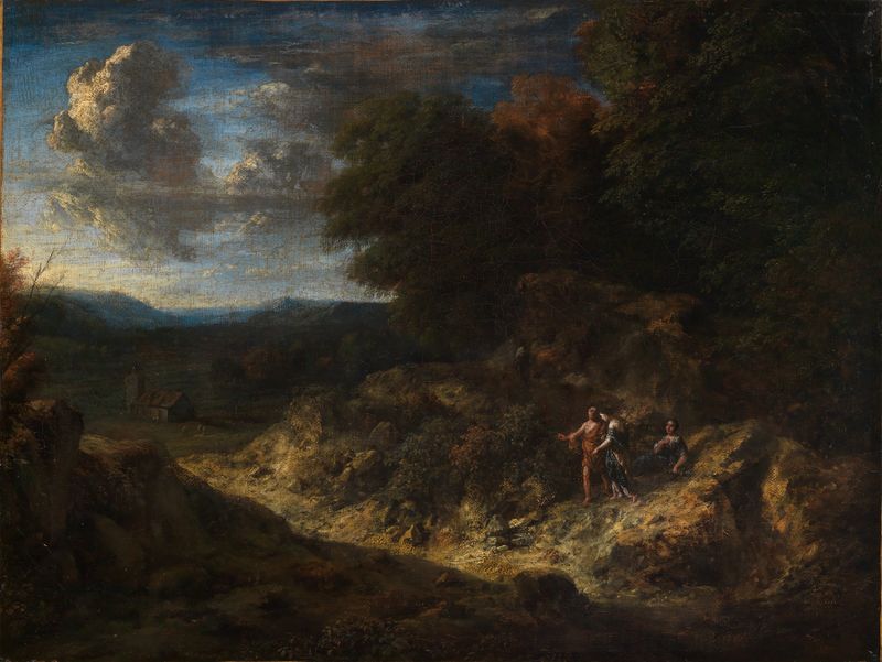 Oil painting by Cornelis Huysmans depicting a serene forest landscape.
