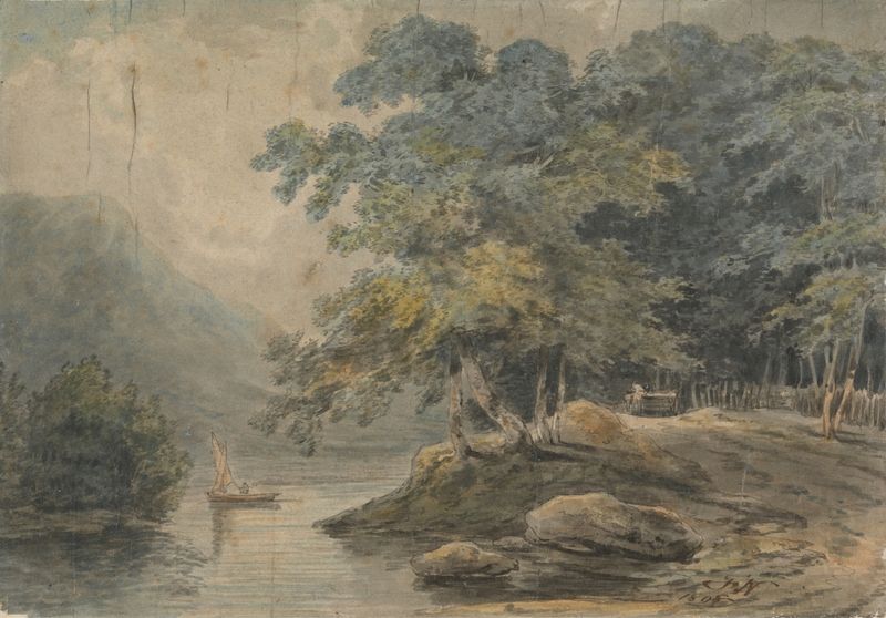 River Scene by Francis Nicholson, oil painting depicting a serene river with soft hues and reflections.