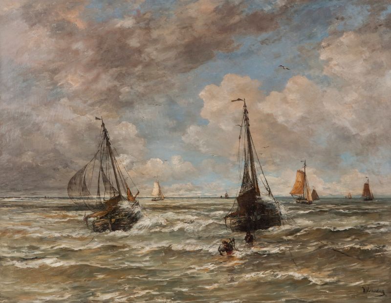 Cena marinha representando o lançamento de uma âncora, óleo de Hendrik Willem Mesdag