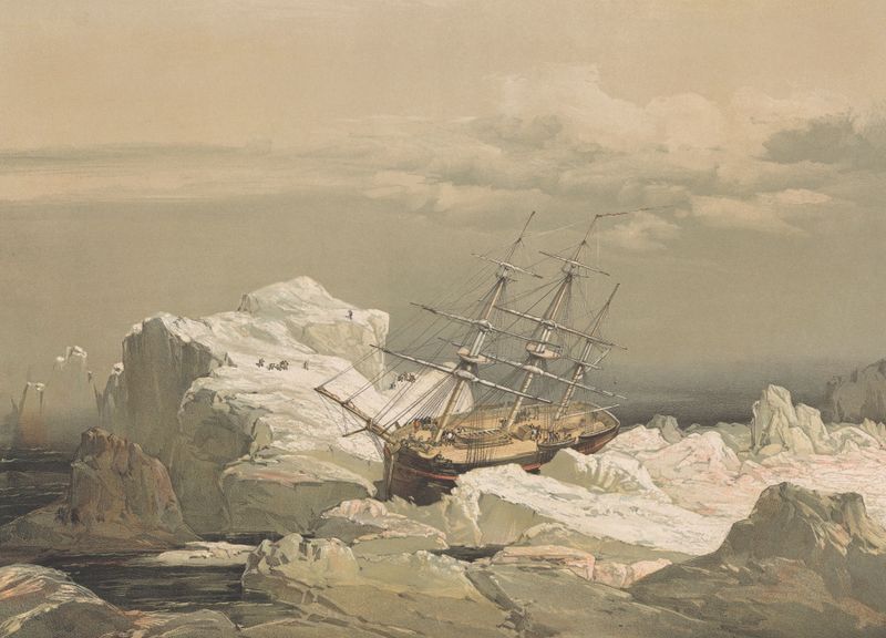 Watercolour by Samuel Gurney Cresswell depicting H.M.S. Investigator anchored on the coast.