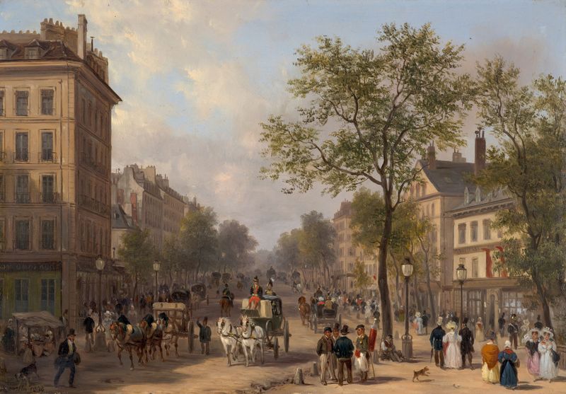 Pintura al óleo de paisaje de Guiseppe Canella que representa un bullicioso bulevar parisino.
