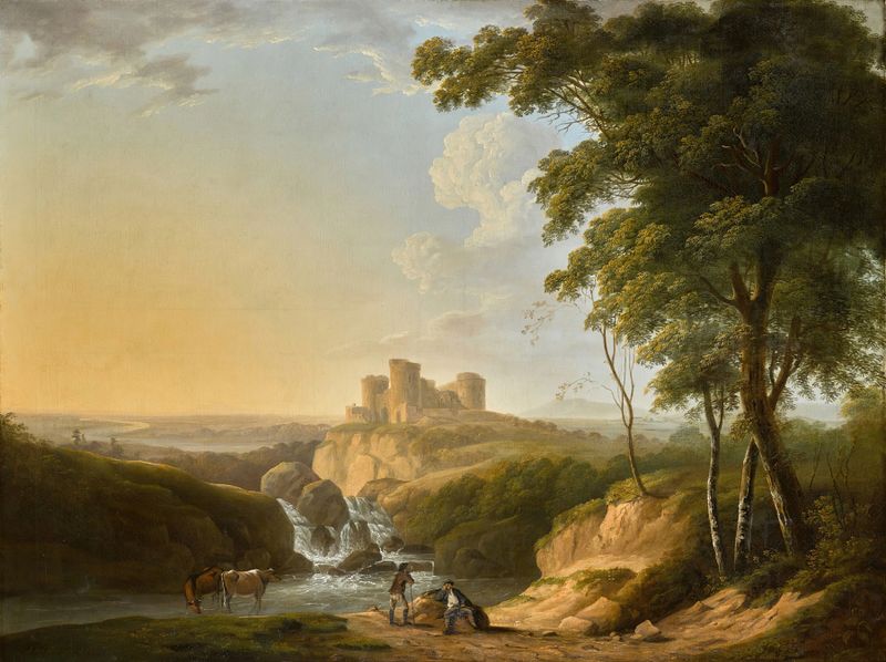 Landscape featuring Chepstow Castle on a hill, oil painting by John Inigo Richards