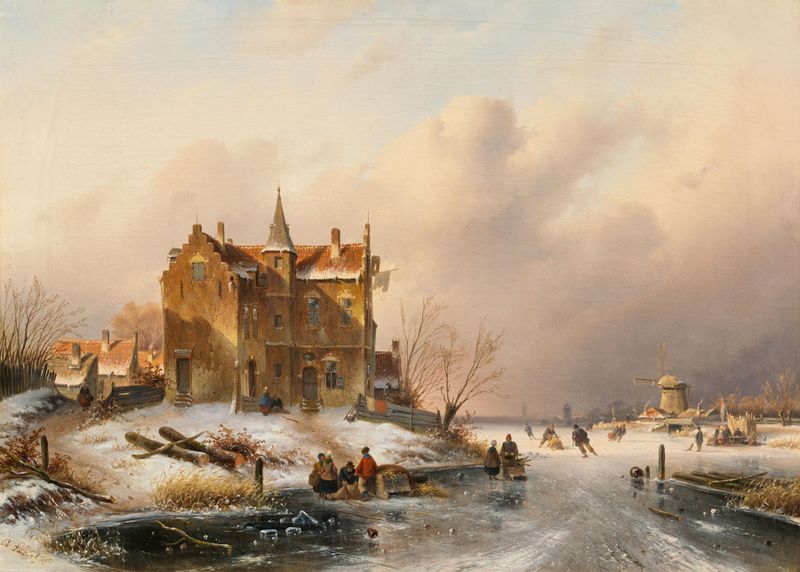 Winter landscape with skaters on a frozen lake, oil painting by Charles Leickert