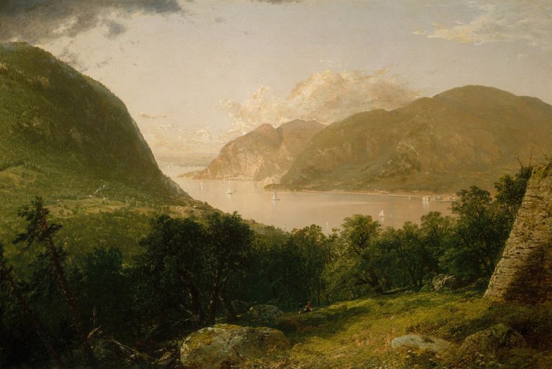 Hudson River Scene de John Frederick Kensett, óleo sobre tela que retrata uma paisagem de rio tranquila.