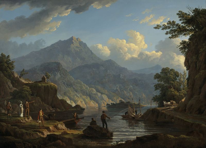 Landscape with Tourists at Loch Katrine, oil on canvas by John Knox, featuring figures by the water.