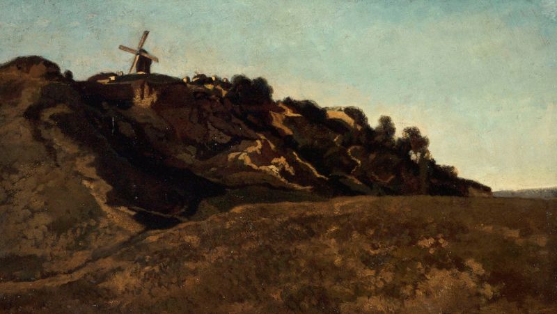 Vue de Montmartre by Eugène Lavieill, oil painting depicting rooftops under a blue sky.
