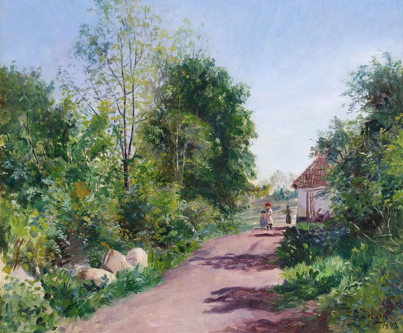 Genre scene depicting girls on a road, oil painting by Carl Carlsen