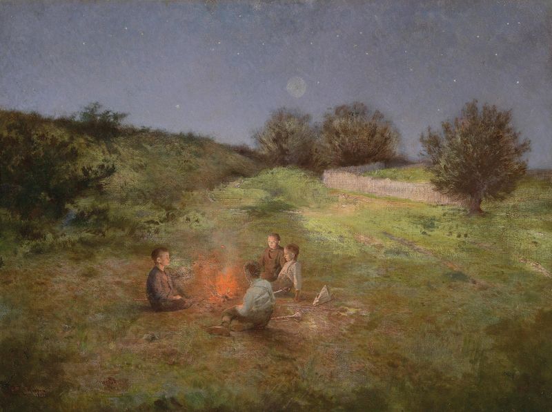 Kinder am Lagerfeuer by Raimund Ritter von Wichera, genre scene depicting children around a fire.