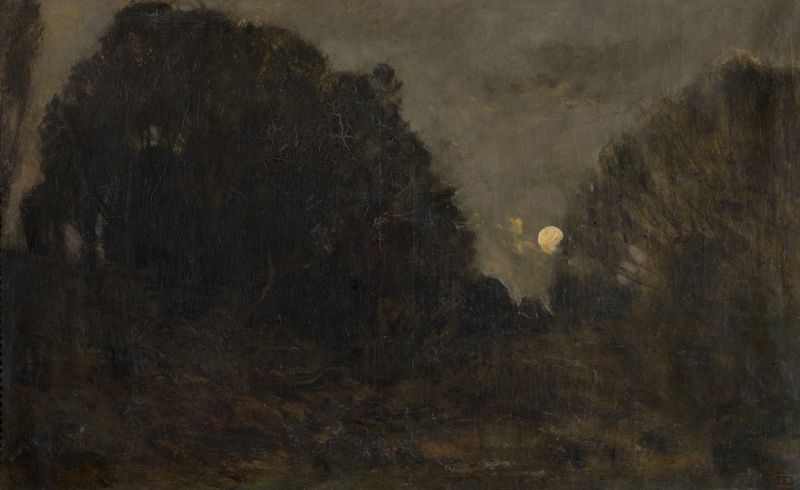 Rising moon in Barbizon, óleo sobre tela de Charles François Daubigny, mostra luz da lua sobre um rio tranquilo.