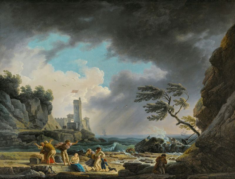 A Storm Near A Rocky Coast, pintura al óleo de Claude-Joseph Vernet, con olas turbulentas y nubes oscuras.