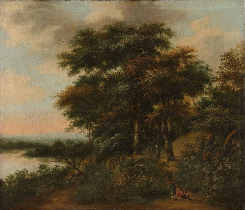 Wooded Landscape de Antonie Waterloo, óleo sobre lienzo que representa un denso bosque.
