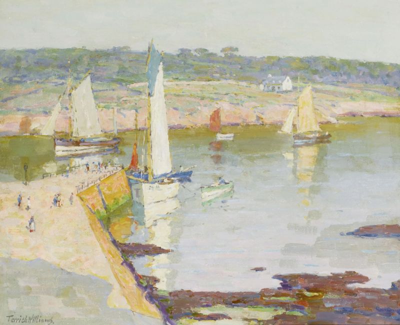 Quayside Concarneau by Terrick Williams, oil painting depicting boats and reflections on water.
