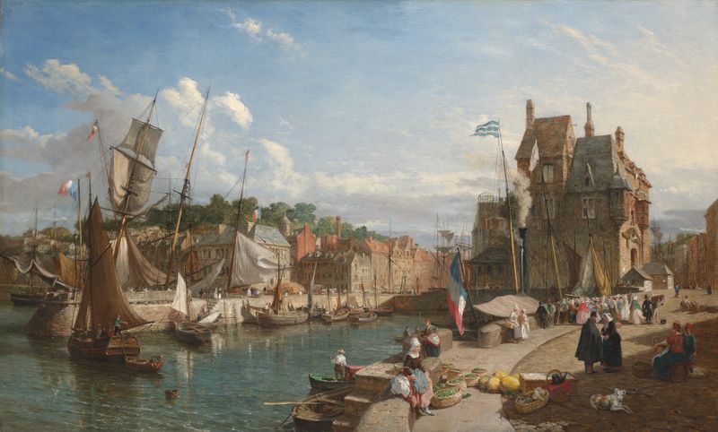Honfleur, Normandy de William Parrott, pintura a óleo representando uma paisagem costeira com reflexos vibrantes.