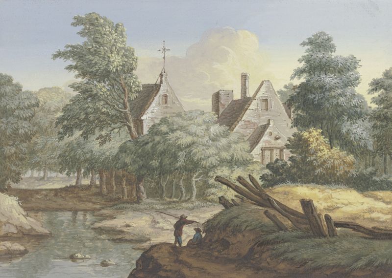 Dörfchen zwischen Bäumen an einem Bach de Christian Georg Schütz the Younger, pintura a óleo com figuras perto de um rio.