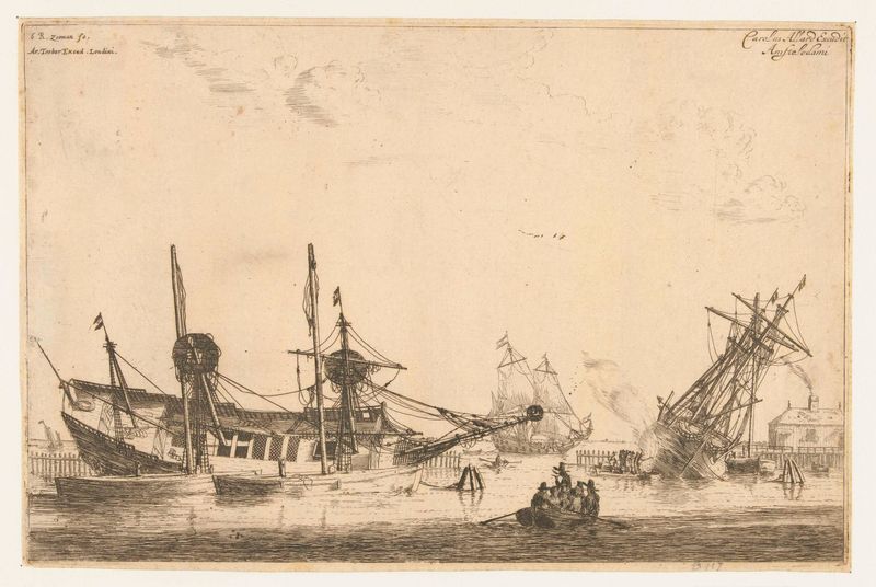 Dos barcos a vela en aguas tranquilas, grabado de Reinier Nooms