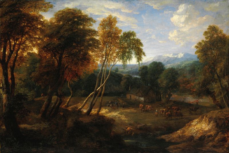 Paisaje con figuras y ganado de Ernest Daret, pintura al óleo.