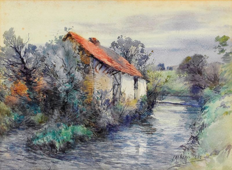 Paisaje con Cabaña de Frederic Charles Vipond Ede, pintura al óleo que muestra una cabaña serena en la naturaleza.