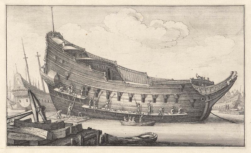 Grabado de Wenceslaus Hollar que muestra la construcción de un barco con artesanos y herramientas.