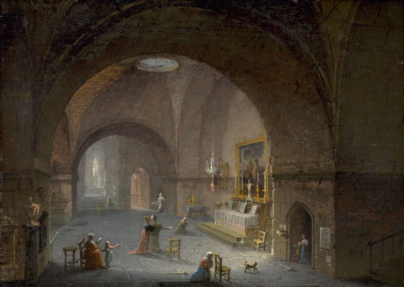 Interior of a church with praying figures, oil on canvas by Giuseppe Bernardino Bison