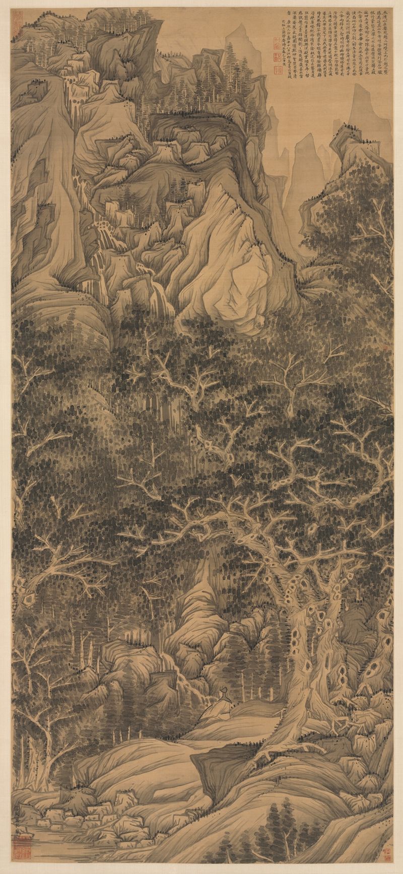 Chinese Traditional landscape by Chen Hongshou featuring The Mountain of Five Cataracts