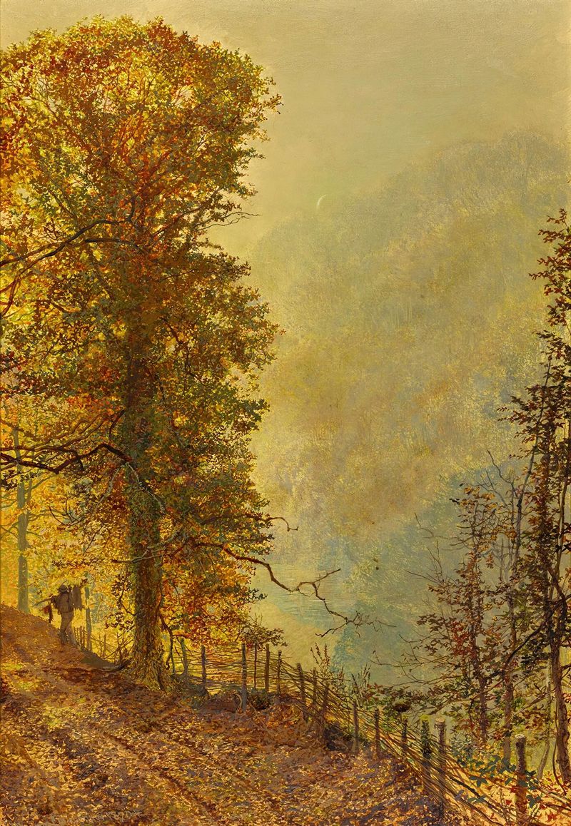 A Rabbit Hunter On A Riverside Road de John Atkinson Grimshaw, pintura al óleo de un cazador a caballo junto a un río.
