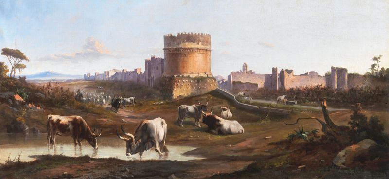 Túmulo de Cecilia Metella em uma paisagem, por Vincenzo Giovannini, pintura a óleo