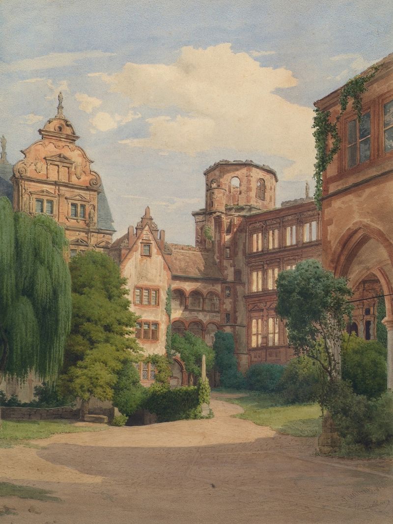 Paisagem com um castelo em uma colina e o rio Neckar, óleo de Franz Heinrich