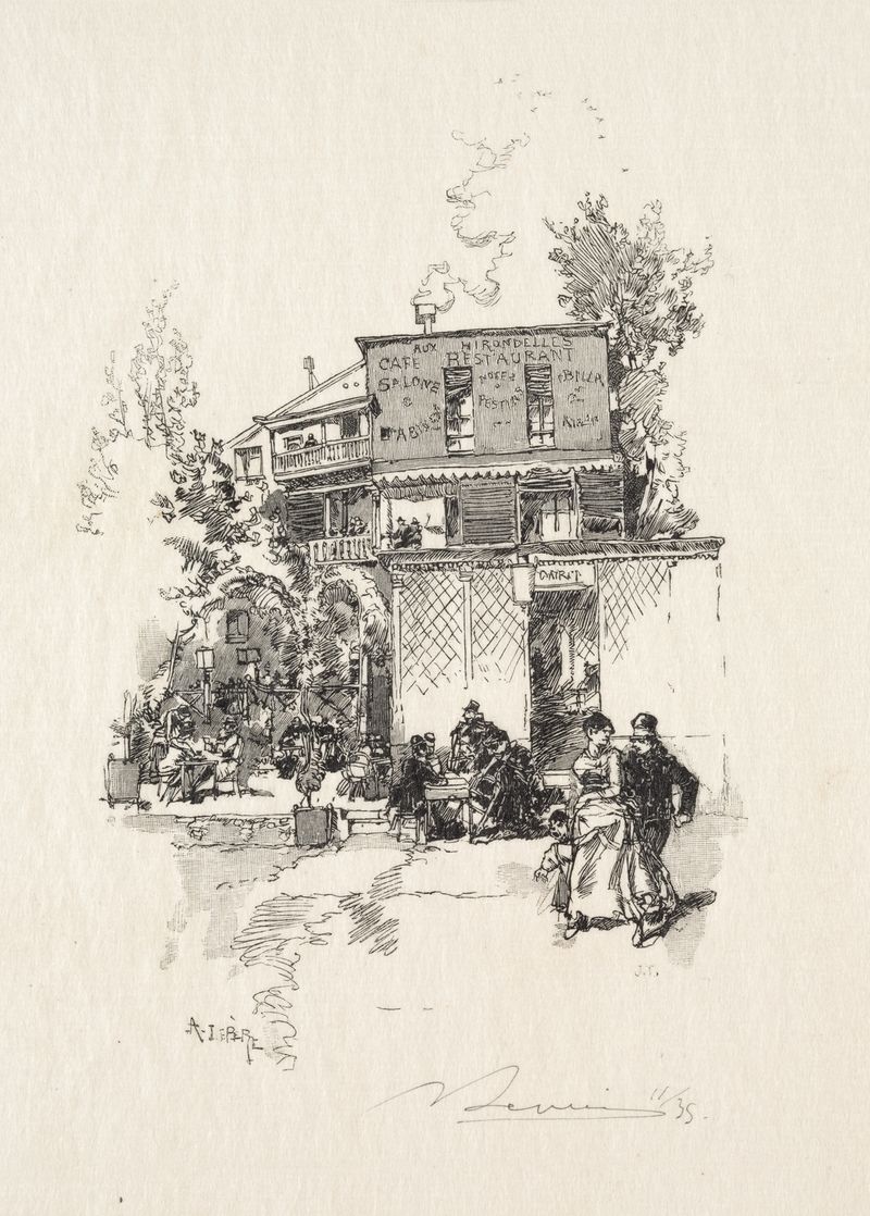 Engraving by Auguste Louis Lepère depicting a lively café scene with patrons.