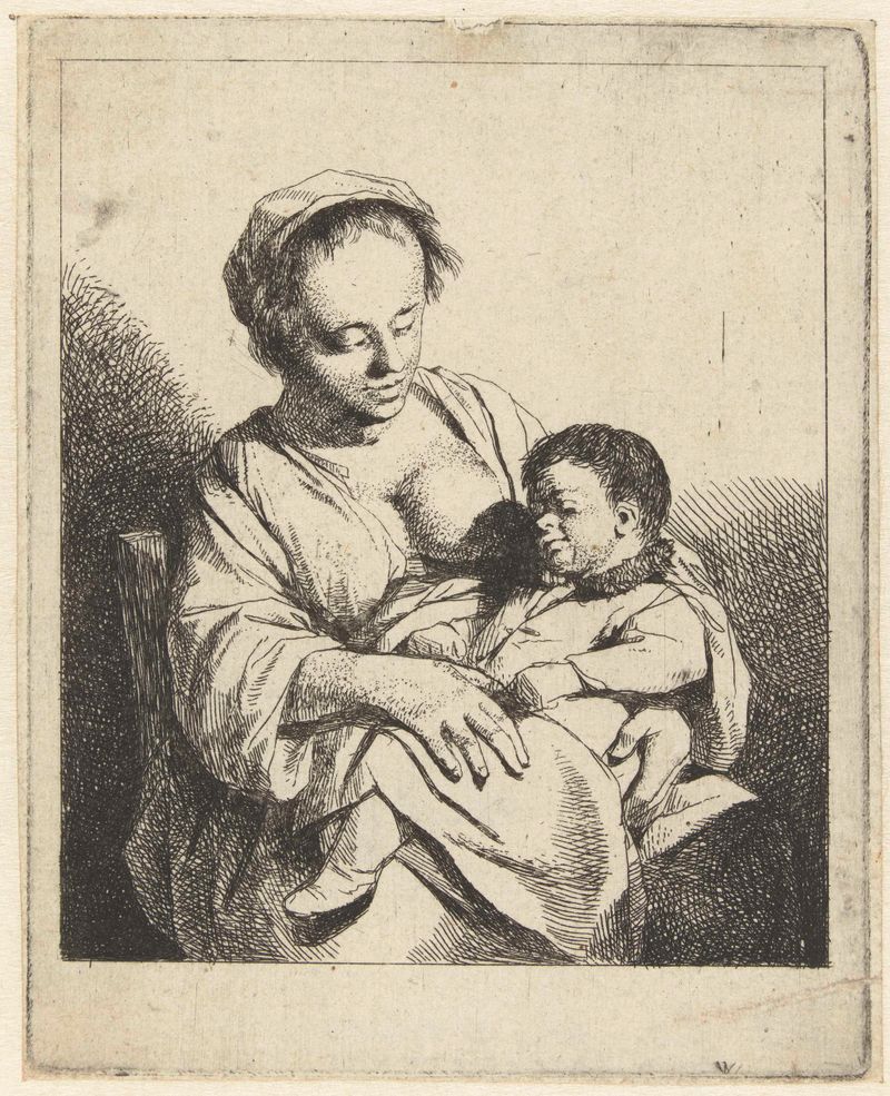 Gravura de Cornelis Pietersz. Bega retratando uma mãe segurando seu filho em luz suave.