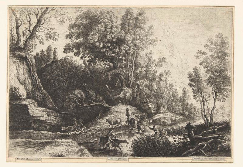 Gravura de Lucas van Uden mostrando um cavalo e uma vaca em um bebedouro