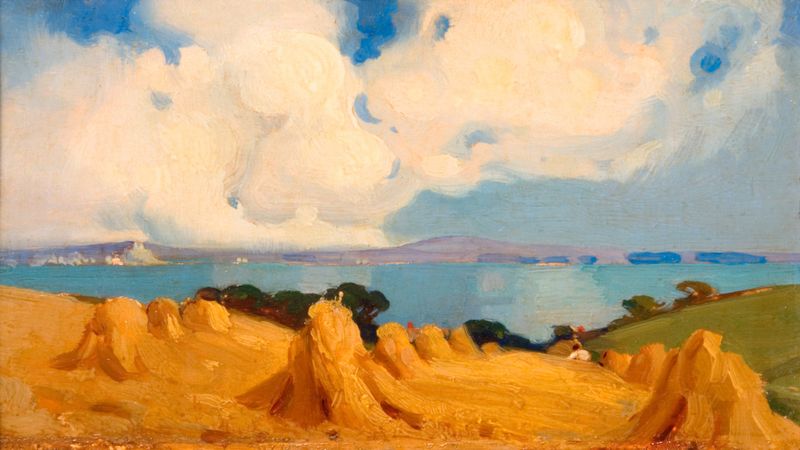 Cena marinha com ondas e céu em óleo de Benjamin Haughton