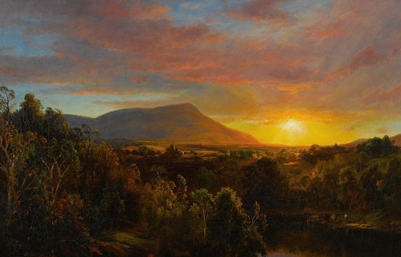 Sunset In The Catskills by Dewitt Clinton Boutelle, oil painting depicting a vibrant sunset over mountains.